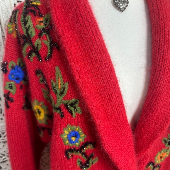 Vintage Cervelle Red Embroidered Wool Blend Chunky Oversized Longline Cardigan - Picture 5 of 8